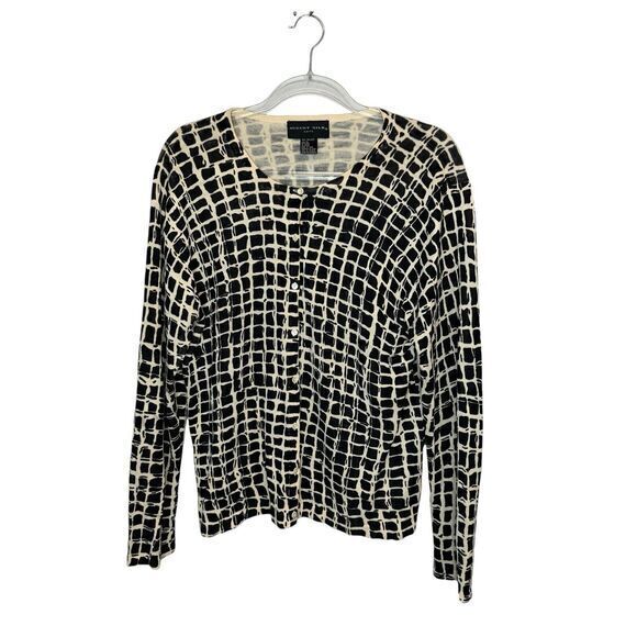 AUGUST SILK‎ Cardigan Sweater Button Front Geometric Print 100% Silk Career - Picture 1 of 6